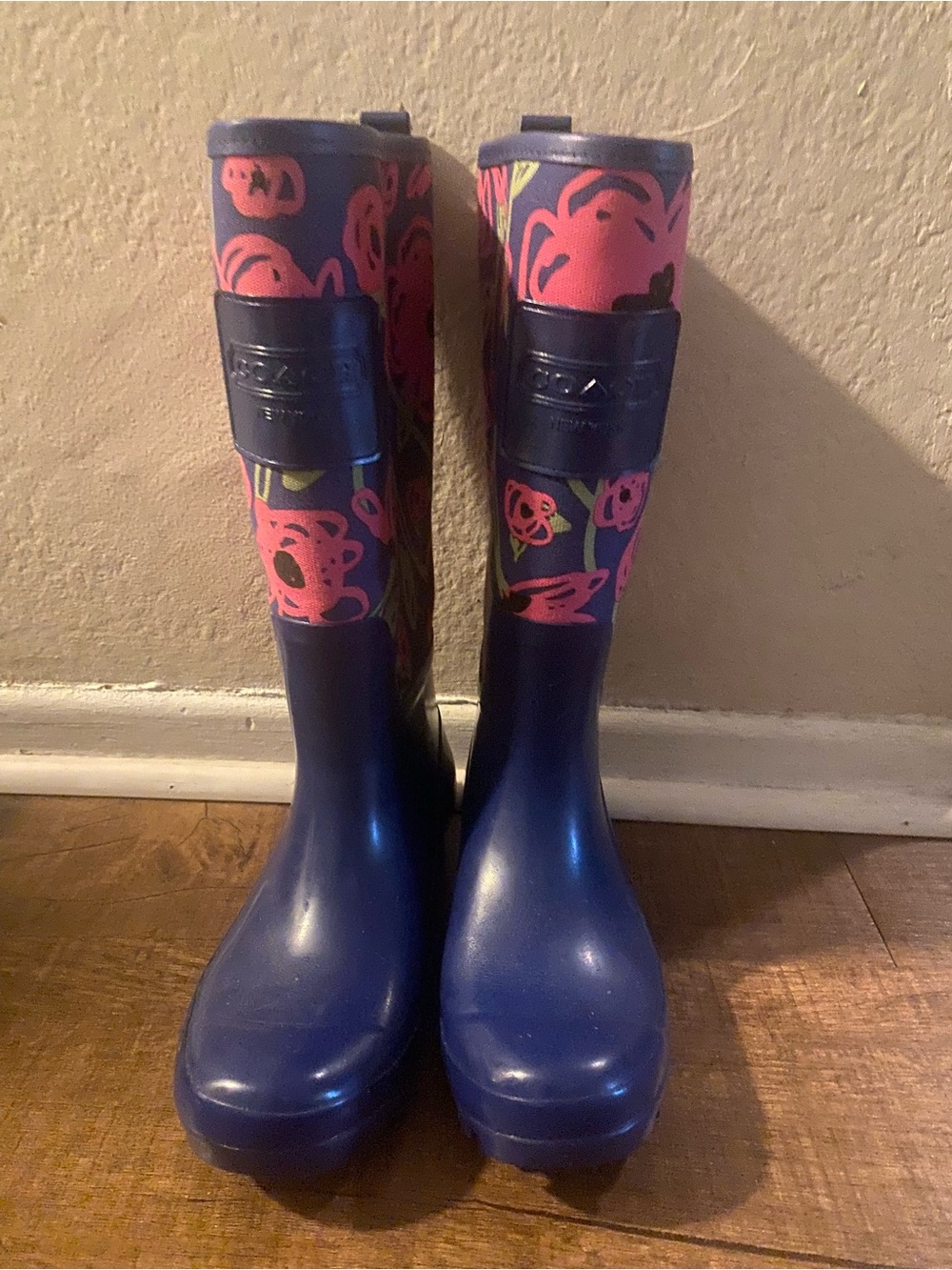 Coach Navy Rain Boots with Pink Floral Trim